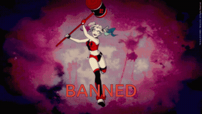 Harley Quinn Is Holding A Hammer And The Word Banned Is On The Bottom GIF
