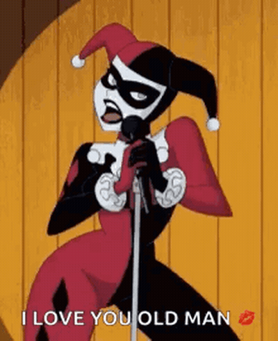 Harley Quinn Is Singing Into A Microphone With The Words `` I Love You Old Man '' Written On The Bottom . GIF