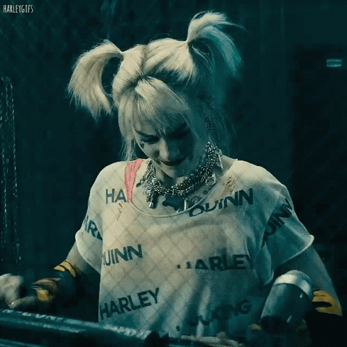 Harley Quinn Is Wearing A Shirt With Harley Quinn Written On It GIF