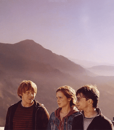 Harry Potter And Friends Standing In Front Of Mountain Range GIF