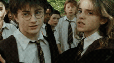 Harry Potter And Hermione Granger Are Standing Next To Each Other In Front Of A Group Of Children . GIF