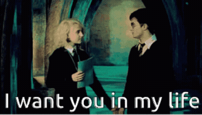 Harry Potter And Luna Lovegood Holding Hands With The Words " I Want You In My Life " Above Them GIF