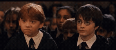 Harry Potter And Ron Weasley Are Sitting In A Crowd Of Children GIF