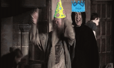 Harry Potter Characters Wearing Party Hats And A Crown GIF