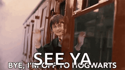 Harry Potter Is Waving From The Window Of A Train With The Words See Ya Bye I 'M Off To Hogwarts GIF