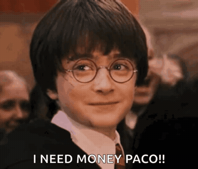 Harry Potter Is Wearing Glasses And A Suit And Tie And Says I Need Money Paco ! GIF
