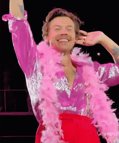 Harry Styles In Pink And Silver Outfit With Pink Boa GIF