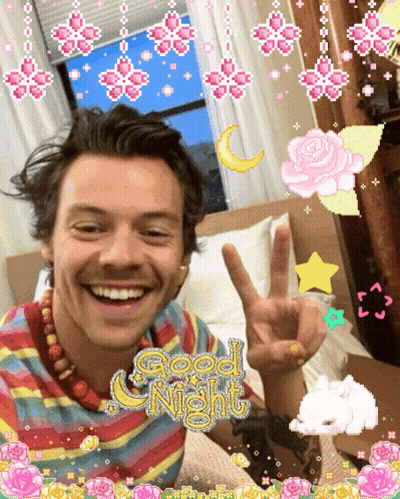 Harry Styles Is Smiling And Giving A Peace Sign With The Words Good Night Below Him GIF