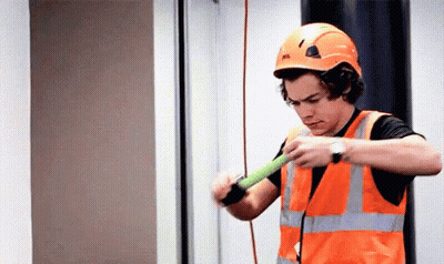 Harry Styles Is Wearing A Hard Hat And An Orange Vest While Holding A Green Object . GIF