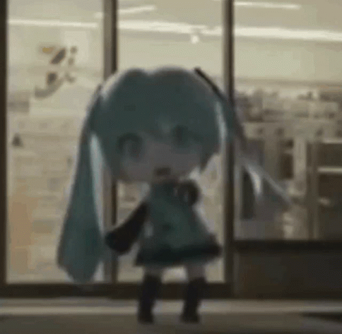 Hatsune Miku Is Dancing In Front Of A Window In A Store . GIF