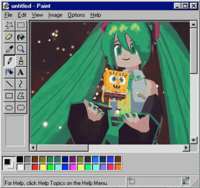 Hatsune Miku Is Holding A Spongebob Squarepants Doll In A Paint Program GIF