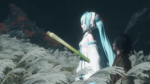 Hatsune Miku Is Standing In A Field Of Tall Grass With A Man GIF