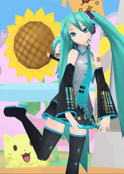 Hatsune Miku Standing Before Sunflower And Cat GIF