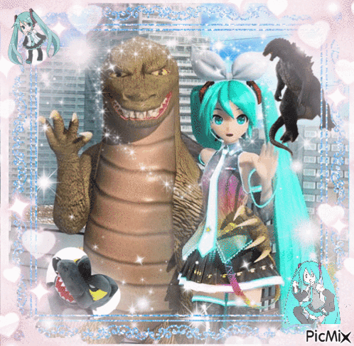 Hatsune Miku Standing Next To Monster GIF