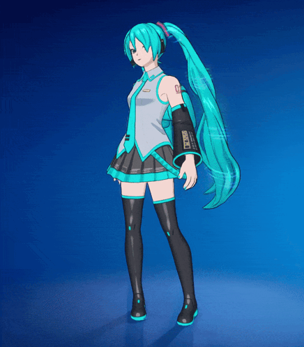 Hatsune Miku Stands In Front Of A Blue Background And Has The Number 01 On Her Arm GIF