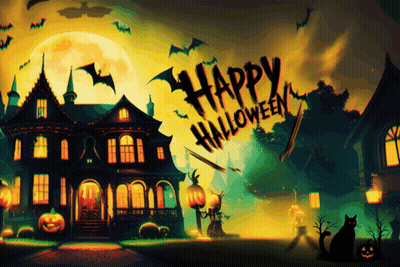 Haunted House Saying Happy Halloween GIF
