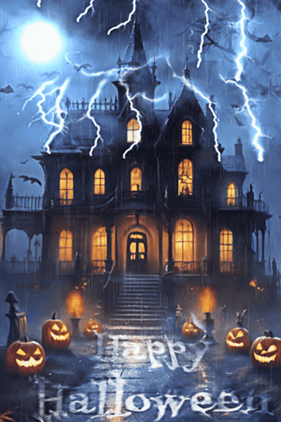 Haunted House With Pumpkins Saying Happy Halloween GIF