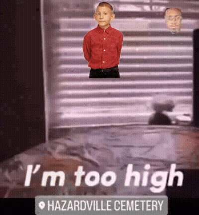 Hazardville Cemetery Sign With Boy In Red Shirt GIF