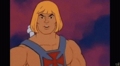 He Man From The Masters Of The Universe Is A Cartoon Character With Blonde Hair . GIF