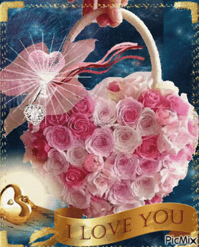 Heart Basket Of Pink Roses With I Love You Ribbon GIF
