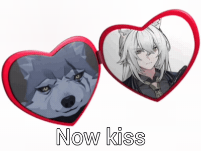 Heart Mirror With Wolf And Girl Saying Now Kiss GIF