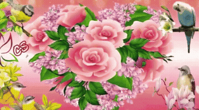Heart Shaped Bouquet Of Pink Roses With Birds GIF