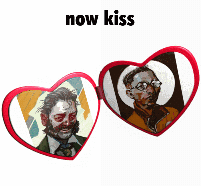 Heart Shaped Glasses With Two Men Saying Now Kiss GIF