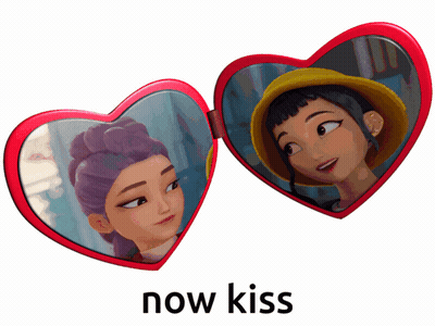Heart Shaped Mirror With Girl Saying Now Kiss GIF