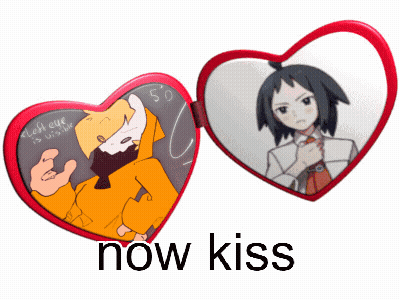 Heart Shaped Mirror With Two Men Saying Now Kiss GIF