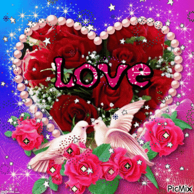 Corazón rodeado de rosas diciendo Amor GIF