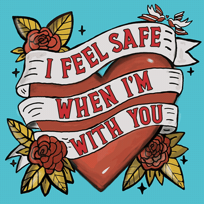 Heart With Roses And Banner Saying I Feel Safe When I'm With You GIF