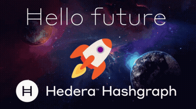 Hedera Hashgraph Advertisement With Rocket And Planets GIF