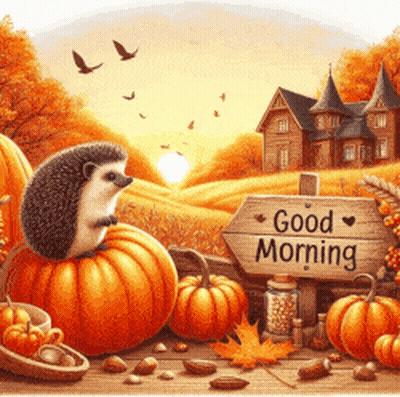 Hedgehog Sitting On Pumpkin Saying Good Morning GIF