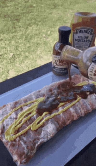 Heinz Yellow Mustard Bottle Pouring On Meat GIF