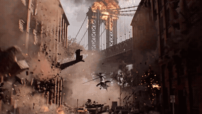 Helicopter Flying Over Destroyed City With Bridge GIF