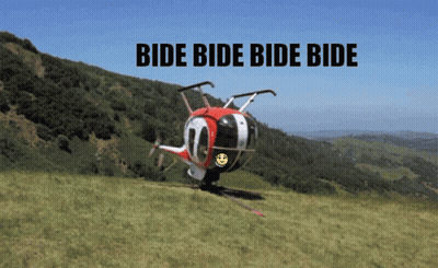 Helicopter Flying Over Grassy Hillside Saying Bide Bide Bide Bide GIF