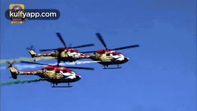 Helicopters Flying In Formation With Kulfyapp Logo GIF