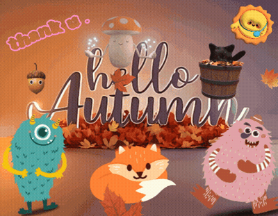 Hello Autumn Sign With Monsters And Leaves GIF