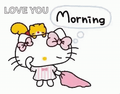 Hello Kitty Holding Pillow With Cat On Head Saying Love You Morning GIF