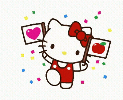 Hello Kitty Holding Two Flags With Hearts and Apples