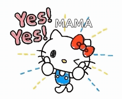 Hello Kitty In Blue Shirt And Red Bow Saying Yes Mama GIF