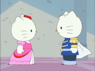 Hello Kitty In Pink Dress And White Cat In Blue Cape GIF