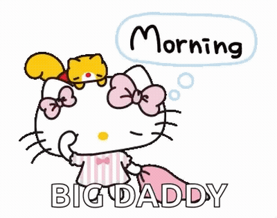 Hello Kitty Is Holding A Pillow And A Squirrel On Her Head And Says `` Morning Big Daddy '' . GIF