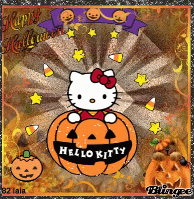 Hello Kitty Is Sitting In A Pumpkin With Candy Corn And Stars GIF