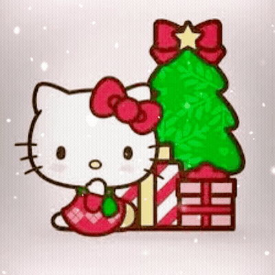 Hello Kitty Is Sitting Next To A Christmas Tree And A Pile Of Presents . GIF
