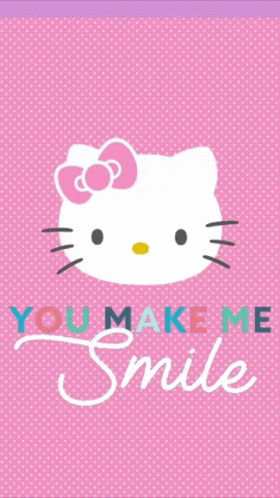 Hello Kitty On A Pink Polka Dot Background With The Words You Make Me Smile GIF