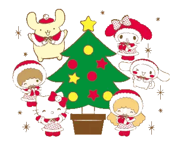 Hello Kitty Pompompurin My Melody Cinnamoroll And Little Twin Stars Standing Around A Christmas Tree Sticker