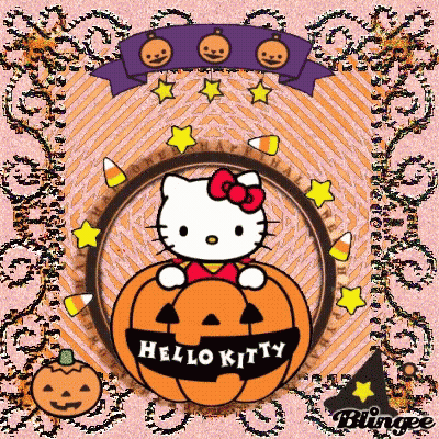Hello Kitty Sitting In Pumpkin With Candy Corn And Stars GIF