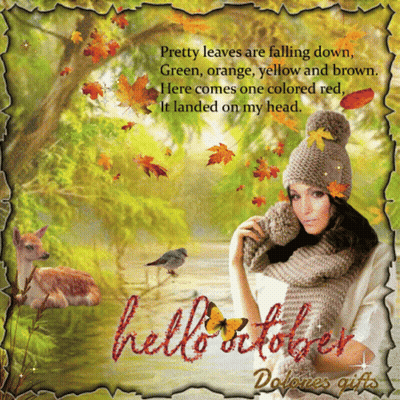 Hello October Card Woman In Hat And Scarf GIF