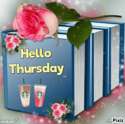 Hello Thursday Greeting Card With Book And Flowers GIF